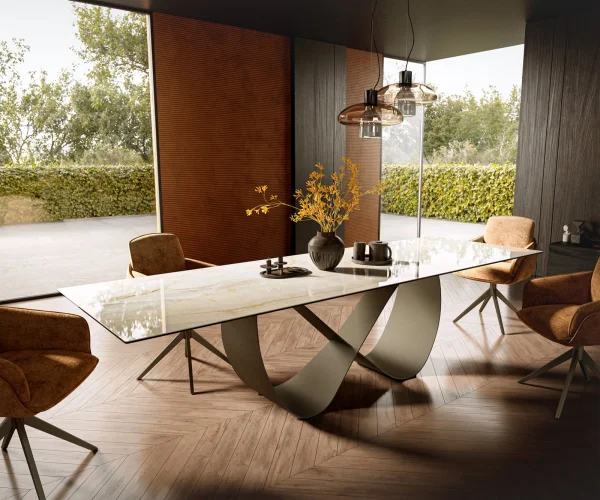 Table à manger Edge 300x100 céramique Laminam® Onice Oro ?Infinity métal effet finition titanee