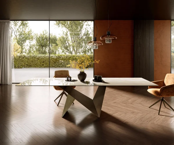 Table à manger Edge 300x100 céramique Laminam® Onice Oro ?Origami métallique doré