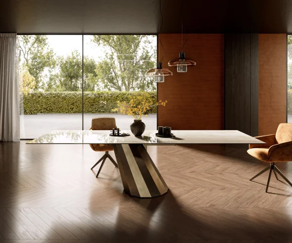 Table à manger Edge 300x100 céramique Laminam® Onice Oro ?parabole métallique doré