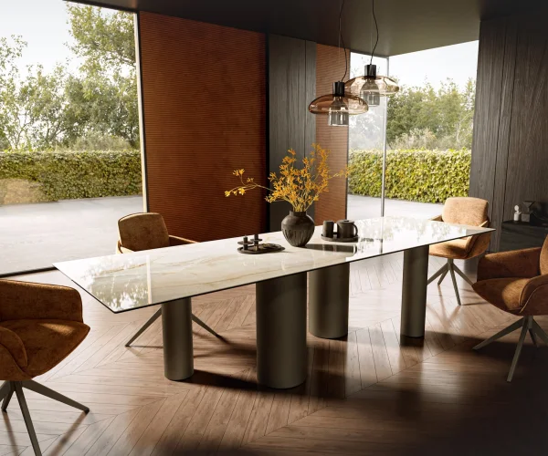 Table à manger Edge 300x100 céramique Laminam® Onice Oro ?Pilier métal effet finition titanee