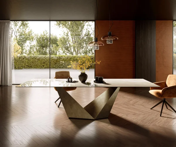 Table à manger Edge 300x100 céramique Laminam® Onice Oro ?Prisma métallique doré