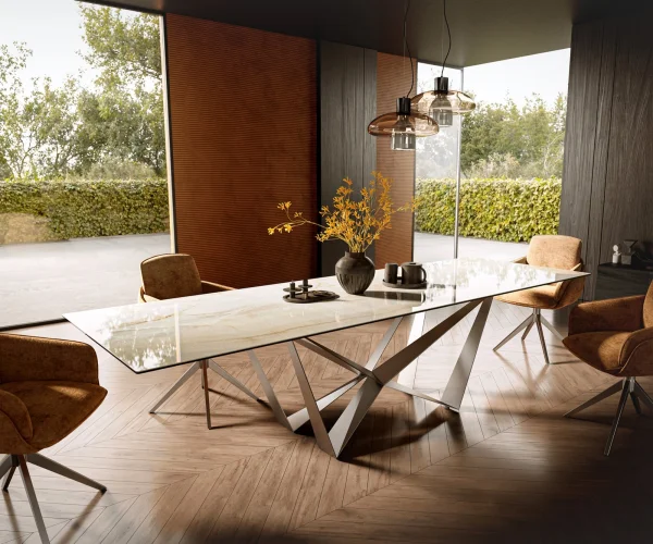 Table à manger Edge 300x100 céramique Laminam® Onice Oro ?Spider acier plat acier inoxydable