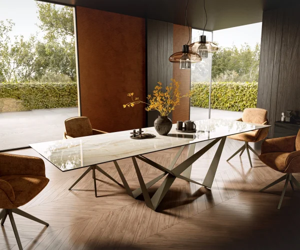 Table à manger Edge 300x100 céramique Laminam® Onice Oro Spider métal effet finition titanee