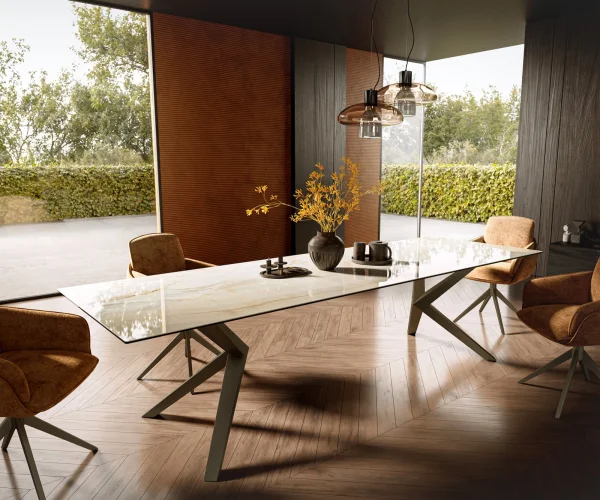 Table à manger Edge 300x100 céramique Laminam® Onice Oro ?Zenthara Angulaire métal effet finition titanee