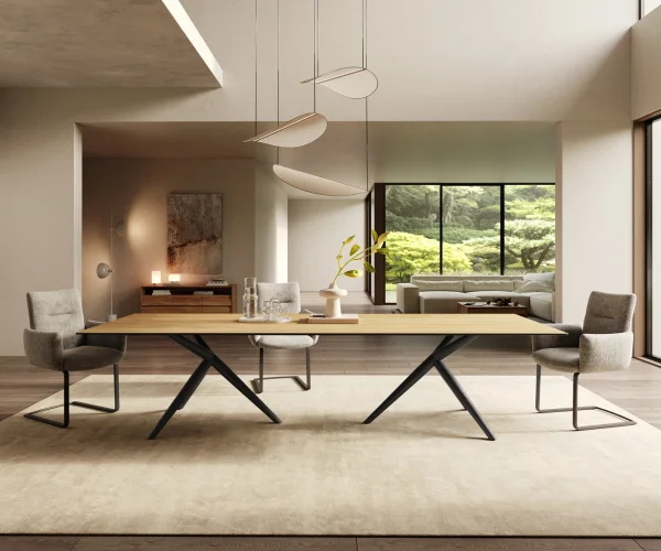 Table à manger Edge 300x100 Céramique Laminam® Sabbia Couleur chêne Estelar rond Métal Noir