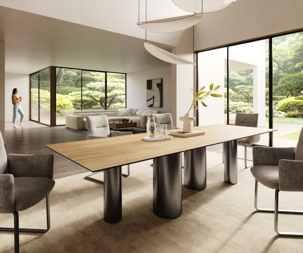 Table à manger Edge 300x100 Céramique Laminam® Sabbia Couleur chêne Pilier Acier inoxydable Graphite