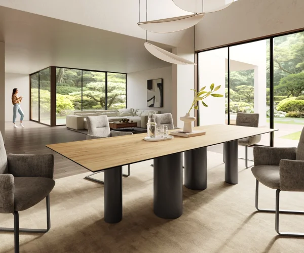 Table à manger Edge 300x100 Céramique Laminam® Sabbia Couleur chêne Pilier Métal finition à effet Titane