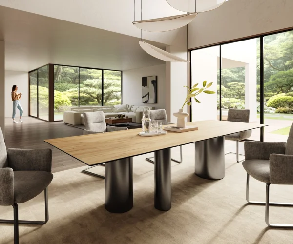 Table à manger Edge 300x100 Céramique Laminam® Sabbia Couleur chêne Troa Acier inoxydable Graphite