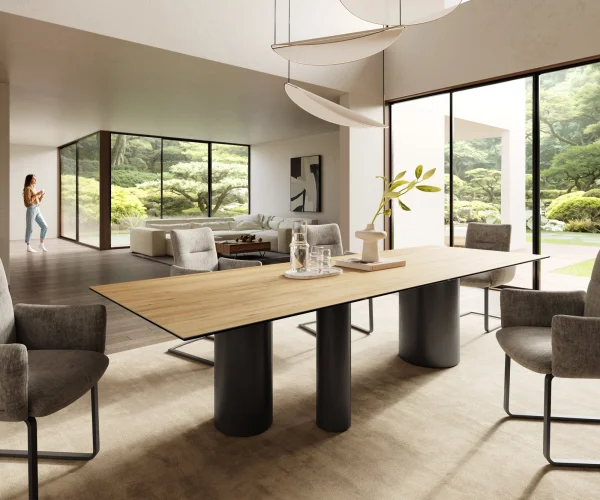 Table à manger Edge 300x100 Céramique Laminam® Sabbia Couleur chêne Troa Métal finition à effet Titane