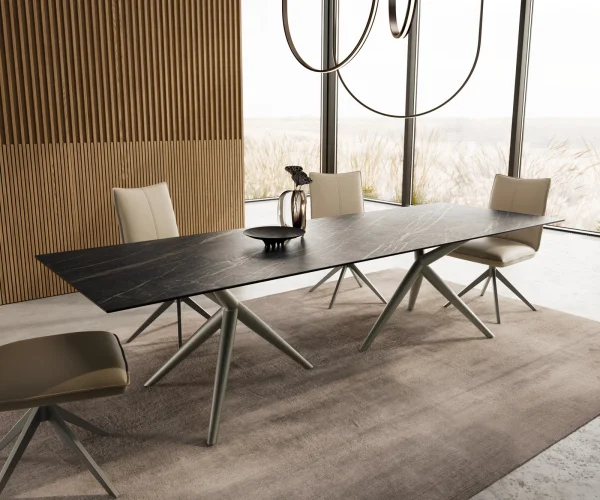 Table à manger Edge 300x100 Céramique Laminam®Noir Desir Marron Estelar rond Métal finition à effet Titane