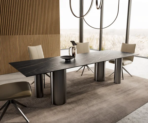 Table à manger Edge 300x100 Céramique Laminam®Noir Desir Marron Pilier Acier inoxydable Graphite