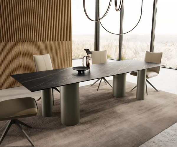 Table à manger Edge 300x100 Céramique Laminam®Noir Desir Marron Pilier Métal finition à effet Titane