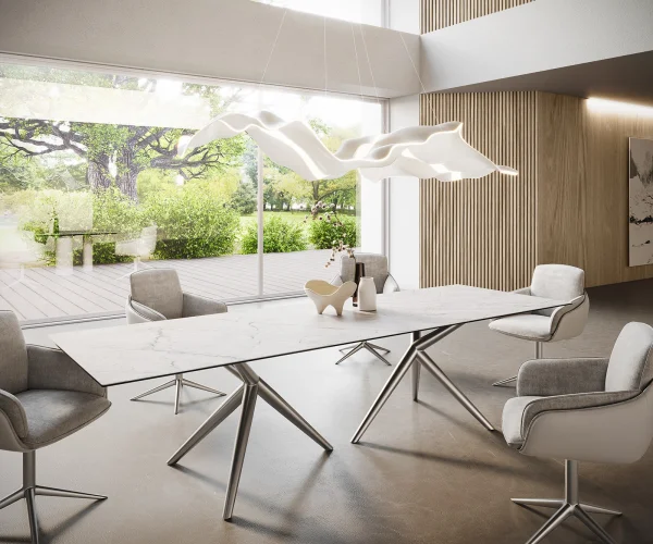 Table à manger Edge 300x100 Céramique Laminam®Statuarietto Blanc Estelar rond Acier inoxydable