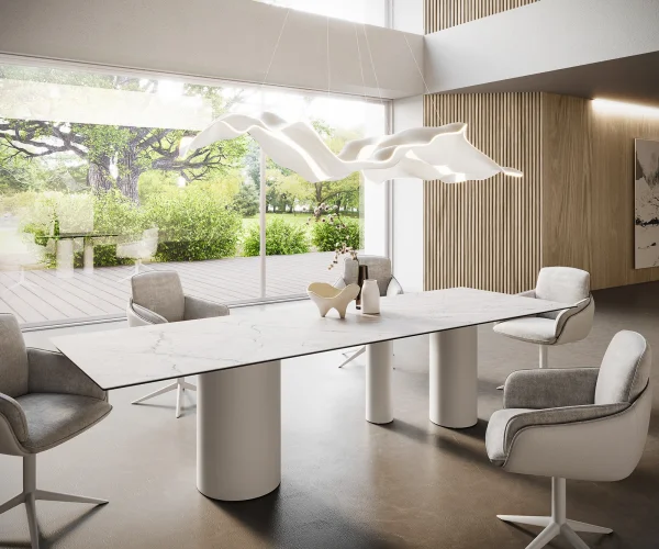 Table à manger Edge 300x100 Céramique Laminam®Statuarietto Blanc Troa Métal Blanc
