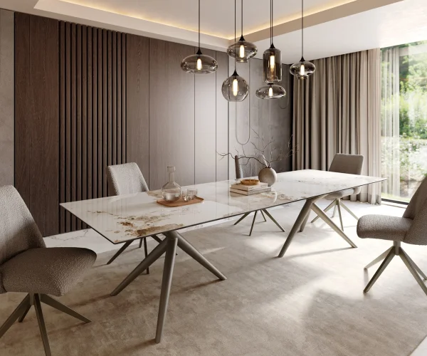 Table à manger Edge 300x100 Céramique Minas Melange Blanc-Beige Estelar rond Métal finition à effet Titane