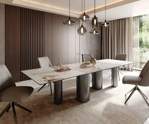 Table à manger Edge 300x100 Céramique Minas Melange Blanc-Beige Pilier Acier inoxydable Graphite