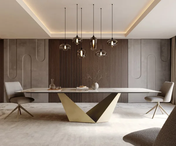 Table à manger Edge 300x100 céramique Minas mélange blanc-beige Prisma métallique doré