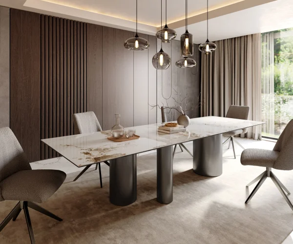 Table à manger Edge 300x100 Céramique Minas Melange Blanc-Beige Troa Acier inoxydable Graphite