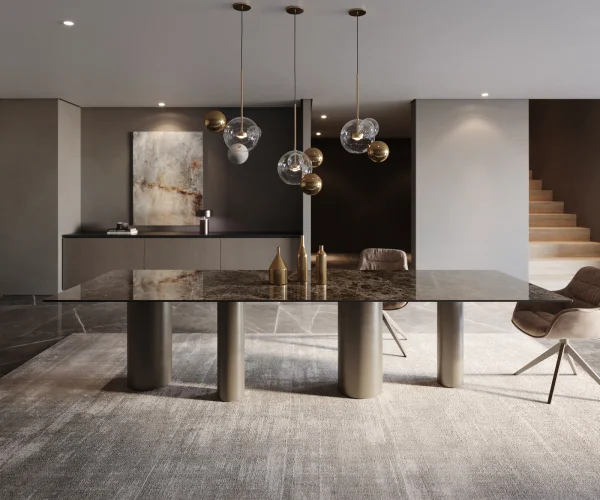Table à manger Edge 300x100 Laminam® Emperador Extra Lucidato Marron foncé Pilier Métal finition à effet Titane