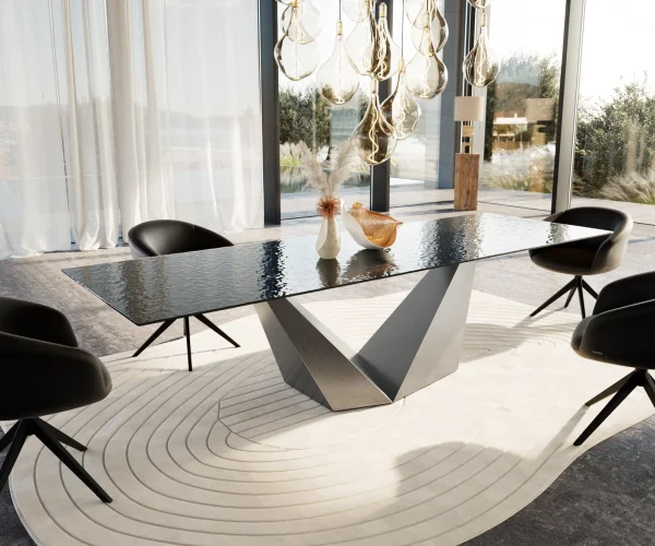 Table à manger Edge 300x100 verre en relief noir 3D-Design Prisma métallique argent