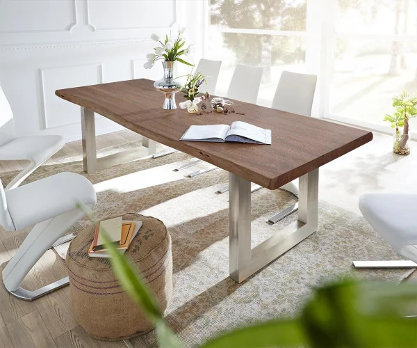 Table-à-manger Edge 300x100 XL acacia marron acier inoxydable large Live-Edge