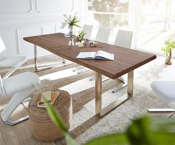 Table-à-manger Edge 300x100 XL acacia marron acier inoxydable mince Live-Edge