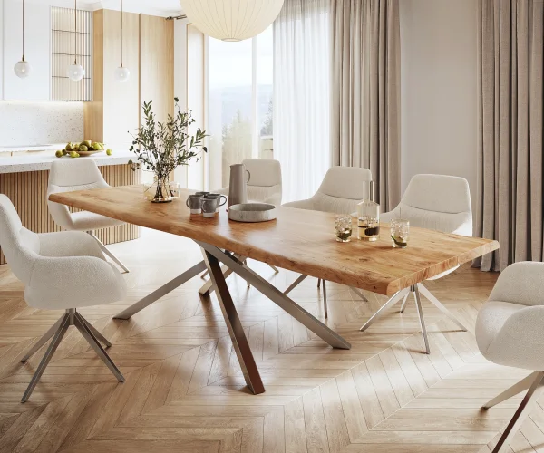 Table à manger Edge 300x100 XL acacia nature cadre croisé rectangle acier inoxydable Live-Edge
