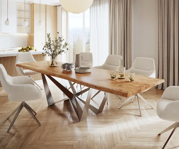 Table à manger Edge 300x100 XL acacia nature Spider acier plat acier inoxydable Live-Edge