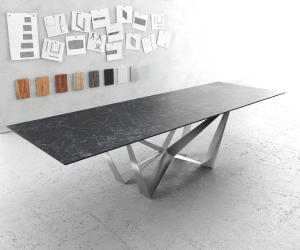 Table-à-manger Edge 300x100cm Laminam® céramique gris pieds milieu acier plat argent