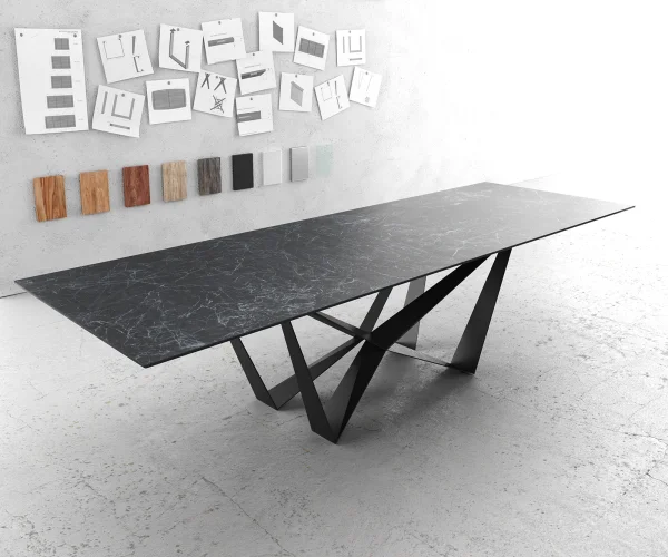 Table-à-manger Edge 300x100cm Laminam® céramique gris pieds milieu acier plat noir