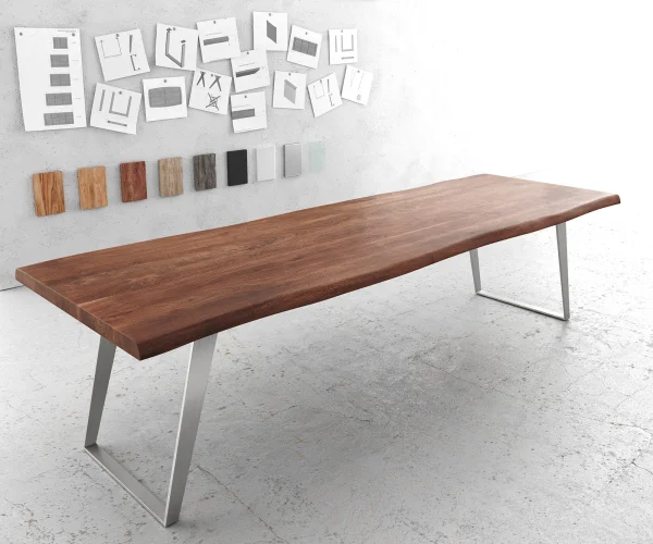 Table-à-manger Edge 300x100cm XL acacia marron acier inoxydable argent incliné Live-Edge