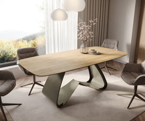 Table à manger Edge Boot 200x100 céramique Laminam® Sabbia chêne coloré cadre en W métal effet finition titanee