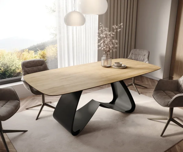 Table à manger Edge Boot 200x100 céramique Laminam® Sabbia chêne coloré cadre en W métal noir