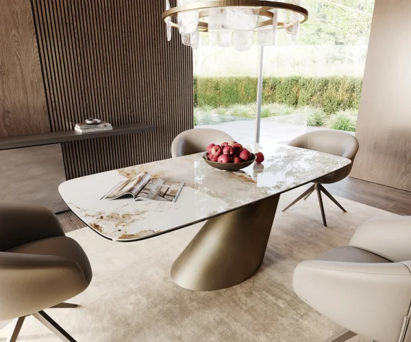 Table à manger Edge Boot 200x100 céramique Minas mélange blanc-beige Cono métallique doré
