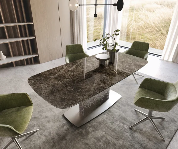 Table à manger Edge Boot 200x100 Laminam® Emperador Extra Lucidato Marron foncé Wave Acier inoxydable