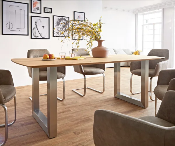 Table à manger Edge Boot 200x100x2,5-3 chêne nature acier inoxydable large bord suisse