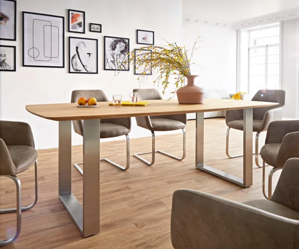 Table à manger Edge Boot 200x100x2,5-3 chêne nature acier inoxydable mince bord suisse
