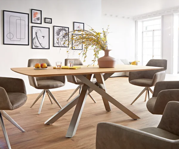 Table à manger Edge Boot 200x100x2,5-3 chêne nature cadre croisé rectangle acier inoxydable bord suisse