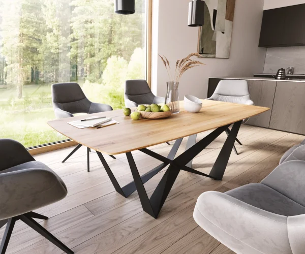 Table à manger Edge Boot 200x100x2,5-3 chêne nature Spider acier plat noir bord suisse