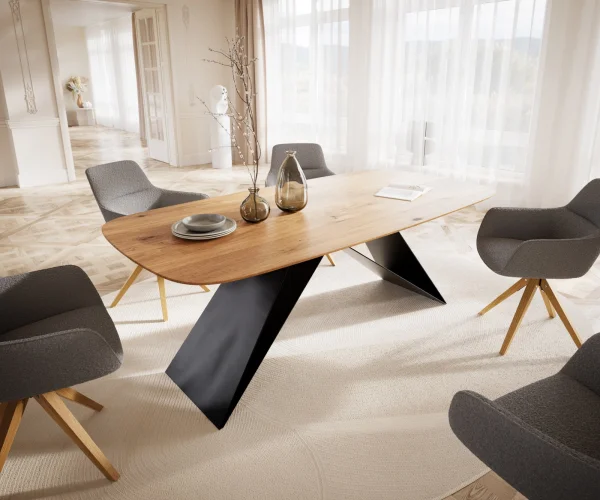 Table à manger Edge Boot 200x100x2,5 chêne naturee cadre en V acier plat noir bord suisse