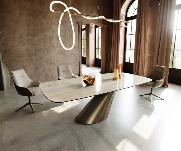 Table à manger Edge Boot 240x120 céramique Iris FMG Onice Oro Cono métallique doré