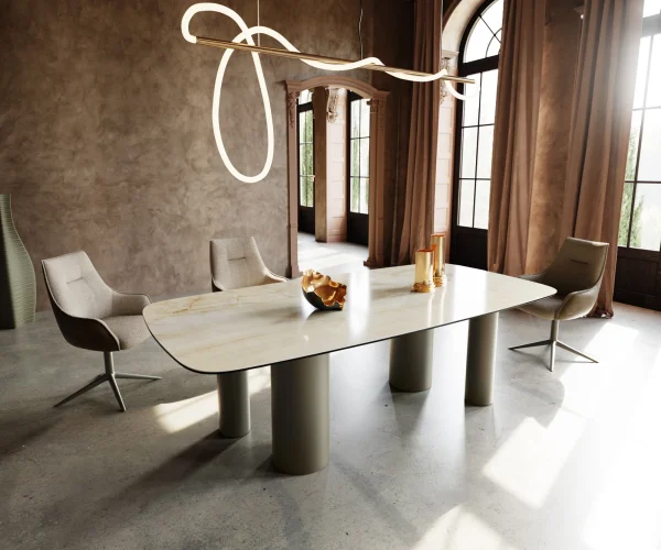Table à manger Edge Boot 240x120 Céramique Iris FMG Onice Oro Pilier Métal finition à effet Titane