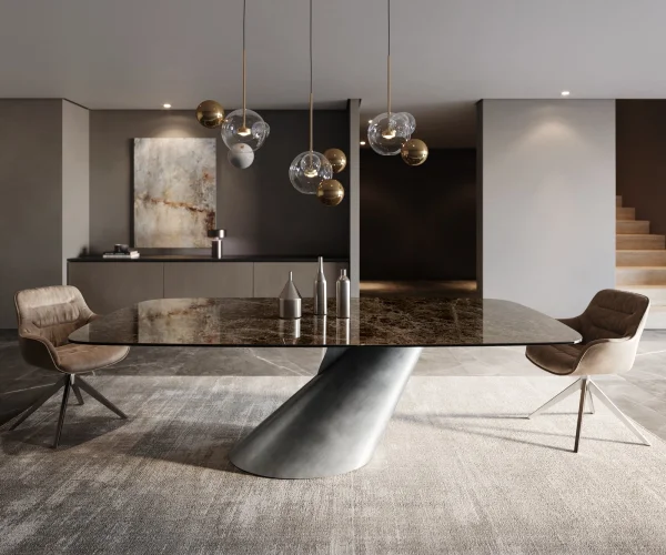 Table à manger Edge Boot 240x120 céramique Laminam® Emperador Extra Lucidato marron foncé Cono métallique argent