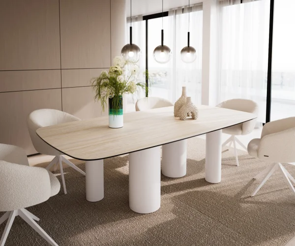 Table à manger Edge Boot 240x120 Céramique Travertin Nature Pilier Métal Blanc