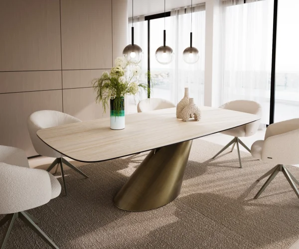 Table à manger Edge Boot 240x120 céramique Travertin naturee Cono métallique doré