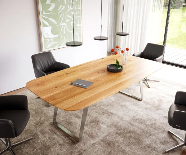 Table à manger Edge Boot 240x120 chêne naturee acier inoxydable incliné bord suisse