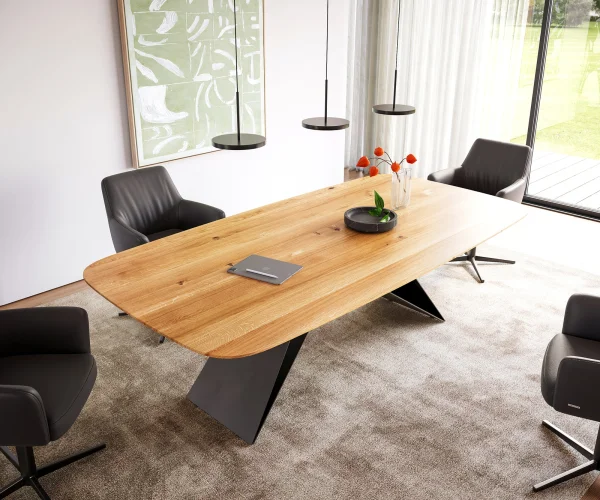 Table à manger Edge Boot 240x120 chêne naturee cadre en V acier plat noir bord suisse