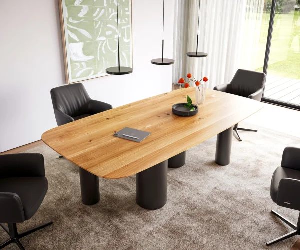 Table à manger Edge Boot 240x120 chêne naturee Pilier métal noir bord suisse