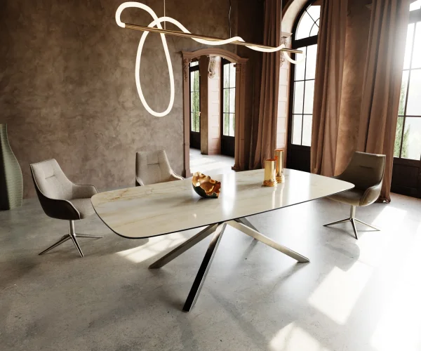 Table à manger Edge Boot 240x120 cm Céramique Iris FMG Onice Oro piètement en croix Rectangle Acier inoxydable