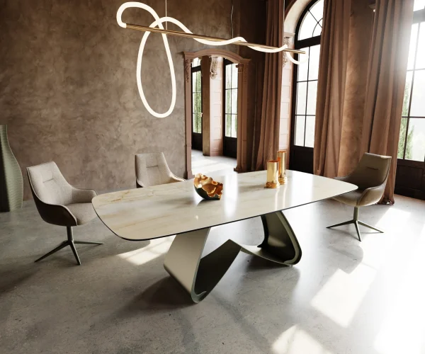 Table à manger Edge Boot 240x120 cm Céramique Iris FMG Onice Oro piètement en W Métal Finition effet Titan